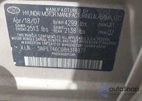 2008 Hyundai Sonata Gls from USA, damaged, VIN 5NPET46C08H314977